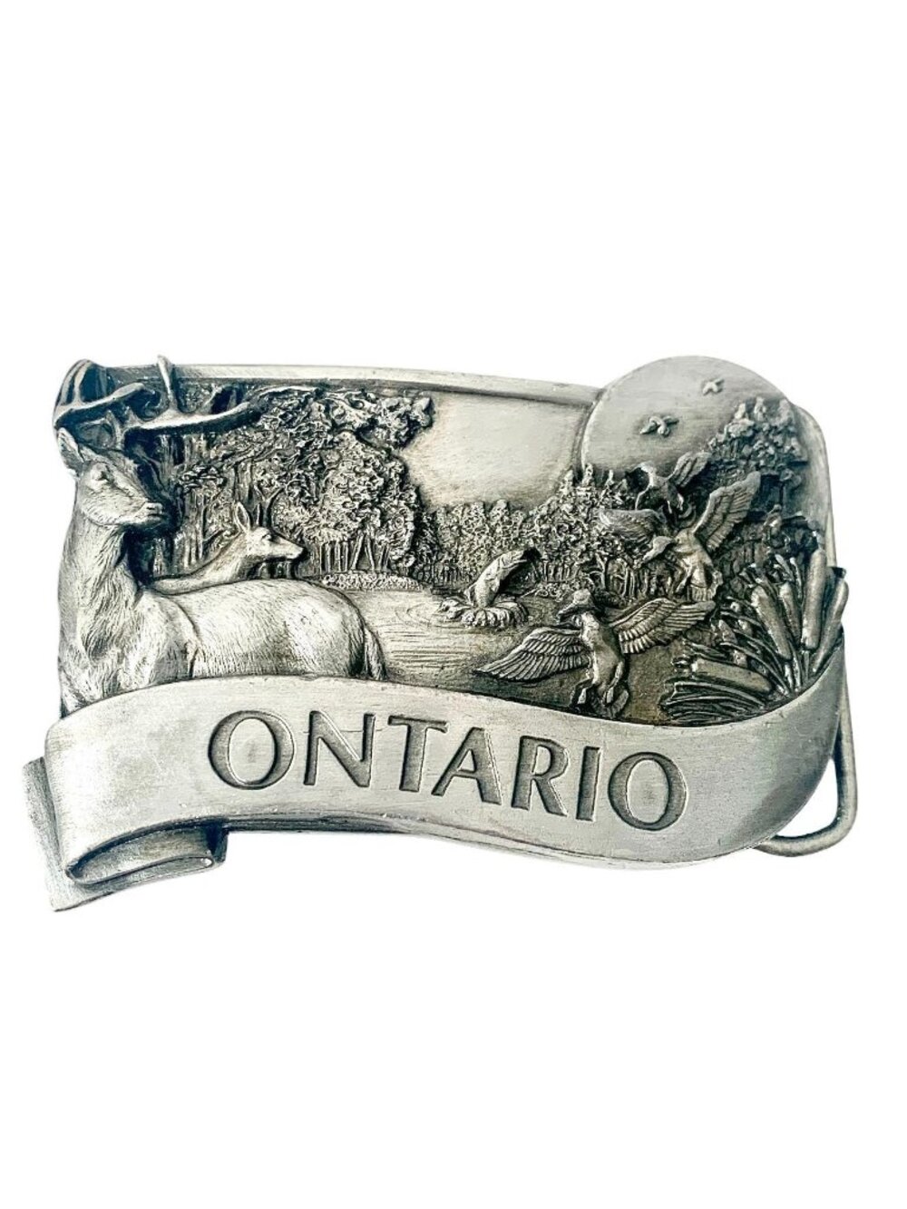 Vintage 3D Pewter Belt Buckle Ontario Provincial Series Wildlife Deer Ducks